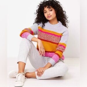 Lou & Grey Loft Gray Pink & Orange Striped Crewneck Pullover Longsleeve Sweater